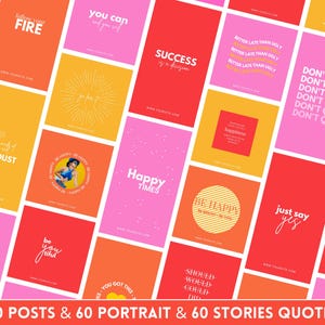 May include: A collage of 60 colorful social media post templates with motivational quotes. The quotes include "Be Happy", "You Got This", "Don't Quit", "Just Say Yes", "Actually I Can", "Follow Your Fire", "Success Is A Decision", "Be Youtiful", "Happy Times", "Stardust", "Be Your Own Kind Of Beautiful", "Should Would Could Did", "Shop", "Quitter", "Reminder", "Better Late Than Ugly", and "You Can And You Will".