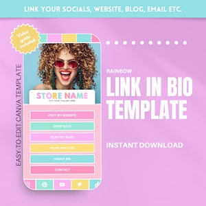 Rainbow link in bio template featuring a bright, colorful mobile landing page layout with playful accents, modern typography, profile photo space, link buttons, and sections for creator or small‑business branding. Editable Canva design for creating a vibrant, cheerful bio link page.