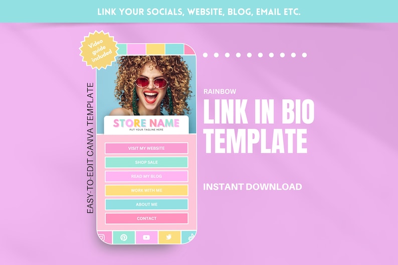 Rainbow link in bio template featuring a bright, colorful mobile landing page layout with playful accents, modern typography, profile photo space, link buttons, and sections for creator or small‑business branding. Editable Canva design for creating a vibrant, cheerful bio link page.