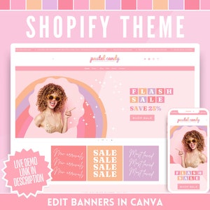 Cute Shopify Theme - Pink Pastel Candy Canva Banners & Logo Templates - Easy Website Setup - Perfect for Fashion, Clothing, Boutique