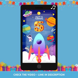 Convite de festa de aniversário animado - vídeo de convite com tema de astronauta espacial colorido com música - personalizado