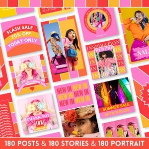 May include: A collection of colorful social media post templates with text overlays. The templates feature a variety of designs, including geometric shapes, stripes, and polka dots. The text includes phrases like "Flash Sale", "New In", "Summer Sale", and "Shop Now".