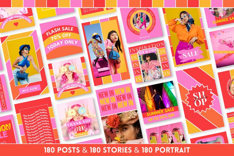 May include: A collection of colorful social media post templates with text overlays. The templates feature a variety of designs, including geometric shapes, stripes, and polka dots. The text includes phrases like "Flash Sale", "New In", "Summer Sale", and "Shop Now".