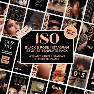 Instagram Template Story Bundle: Black Rose Social Media Branding Kit, Perfect for Fashion, Clothing, Salon, Coach, Beauty - Edit in Canva