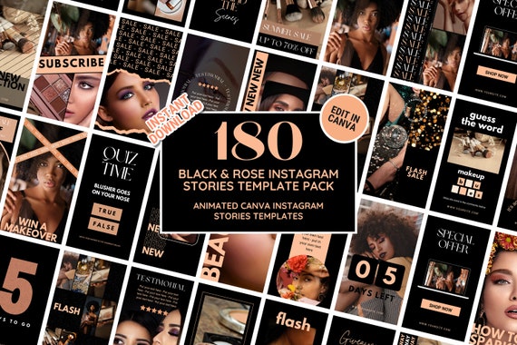 Instagram Template Story Bundle: Black Rose Social Media Branding Kit, Perfect for Fashion, Clothing, Salon, Coach, Beauty - Edit in Canva