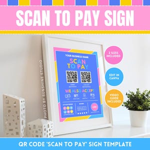 Scan-to-Pay-Vorlage QR-Code-Zeichen - Einfache Zahlung & Folgen Sie uns in Social Media-Anzeigen - Druckbare Bearbeitung in Canva Zahlungsmethode Zeichen