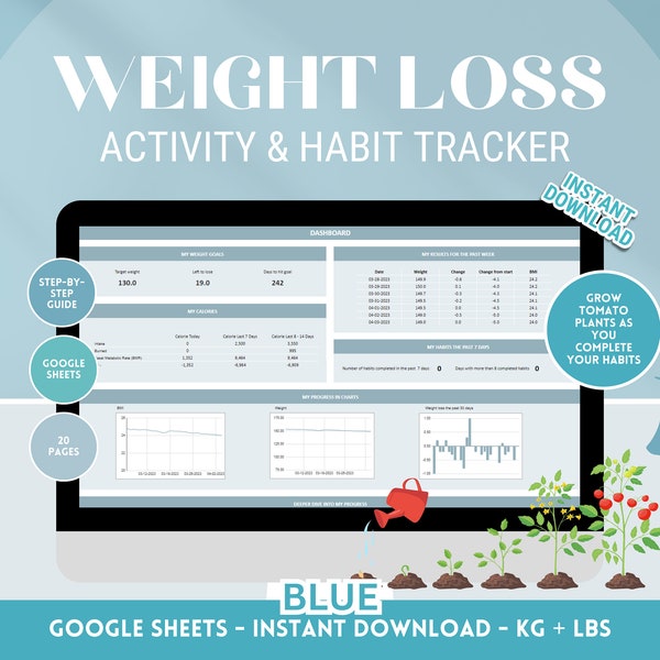 Weight Loss Tracker: Stay on Track with this Blue Google Sheets Activity Planner - Track Measurements, Habits, Calories, Activity