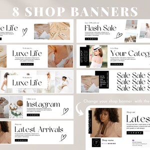 K&ouml;nnte beinhalten: Acht Shop-Banner-Vorlagen mit unterschiedlichen Designs. Die Banner zeigen Bilder von Schmuck, Kleidung und Lifestyle-Szenen. Der Text auf den Bannern lautet "Luxe Life", "Flash Sale", "Deine Kategorie", "Sale Sale Sale", "Instagram", "Neueste Ank&uuml;nfte" und "Shop Name".