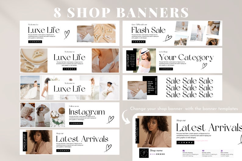 K&ouml;nnte beinhalten: Acht Shop-Banner-Vorlagen mit unterschiedlichen Designs. Die Banner zeigen Bilder von Schmuck, Kleidung und Lifestyle-Szenen. Der Text auf den Bannern lautet "Luxe Life", "Flash Sale", "Deine Kategorie", "Sale Sale Sale", "Instagram", "Neueste Ank&uuml;nfte" und "Shop Name".