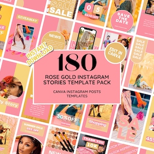 May include: A collage of 180 rose gold Instagram story templates for Canva. The templates feature a variety of designs, including text overlays, graphics, and photos. The templates are perfect for businesses and individuals who want to create eye-catching and engaging Instagram stories.