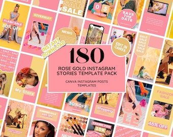 Könnte beinhalten: Eine Collage aus 180 roségoldenen Instagram-Story-Vorlagen für Canva. Die Vorlagen bieten eine Vielzahl von Designs, darunter Textüberlagerungen, Grafiken und Fotos. Die Vorlagen sind perfekt für Unternehmen und Einzelpersonen, die auffällige und ansprechende Instagram-Storys erstellen möchten.