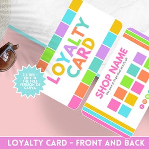 Modelo de Cartão de Fidelidade Colorido - Cartão de Carimbo de Cliente - Editar no Canva - Download Instantâneo