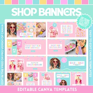 May include: A collection of pink and teal shop banner templates with the text "SHOP BANNERS" and "EDITABLE CANVA TEMPLATES". The templates include images and text such as "SALE", "NEW ARRIVALS", and "SHOP OUR BESTSELLERS".