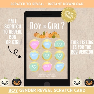 È un RAGAZZO Gender Reveal Digital Scratch Off Card: Annuncio di download immediato - Edizione Halloween/Autunno