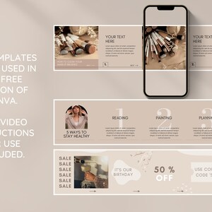 May include: A set of social media templates for Instagram featuring a neutral colour palette with brown, beige, and white. The templates include text boxes for adding your own text, as well as images of makeup brushes and a woman. The text on the templates includes "5 Ways to Stay Healthy", "Reading", "Painting", "Planning", "Drink Water", "Sale", "It's Our Birthday", "50% Off", and "Use Coupon Code 'Sale'".
