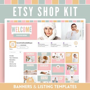 Könnte beinhalten: Ein digitales Etsy-Shop-Kit mit einem rosa und grünen Farbschema. Das Kit enthält Banner und Listungsvorlagen für einen Etsy-Shop. Der Text "WELCOME TO BLIVE WARE BOUTIQUE" wird auf dem Banner angezeigt.