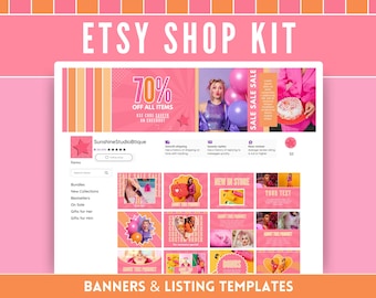 以下が含まれることがあります： ピンクとオレンジのEtsyショップキットで、バナーとリストテンプレートが含まれています。キットには、ピンクとオレンジのカラーテーマで70％オフのセールバナーが含まれています。画像には「SALE SALE SALE」というテキストも表示されています。