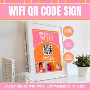 Pode incluir: Um sinal imprimível com um esquema de cores rosa e laranja que apresenta um código QR para WiFi gratuito. O sinal diz "Junte-se ao nosso WiFi gratuito" e "Digitalize para conectar".