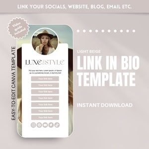 Op de afbeelding: Een lichtbeige Link in Bio-sjabloon met de tekst "LINK IN BIO TEMPLATE" en "INSTANT DOWNLOAD". De sjabloon bevat een foto van een vrouw en social media-pictogrammen. De woorden "EASY-TO-EDIT CANVA TEMPLATE" zijn ook zichtbaar.