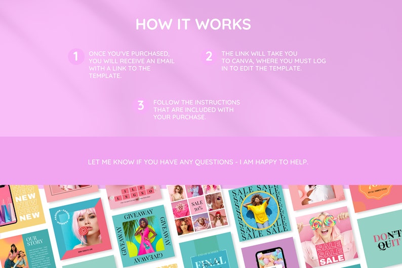 K&ouml;nnte beinhalten: Eine farbenfrohe Grafikvorlage f&uuml;r Social-Media-Posts. Die Vorlage bietet eine Vielzahl von Designs, darunter eine Gewinnspielank&uuml;ndigung, eine Verkaufsank&uuml;ndigung und eine Ank&uuml;ndigung eines neuen Produkts. Die Vorlage ist f&uuml;r die Verwendung auf Instagram, Facebook und anderen Social-Media-Plattformen konzipiert.