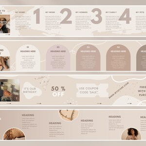 May include: A beige and brown digital marketing template with the text "Welcome to my world" and numbers 1 through 5. The template includes headings, text, and images. The template is designed for a business or brand to promote their products or services.