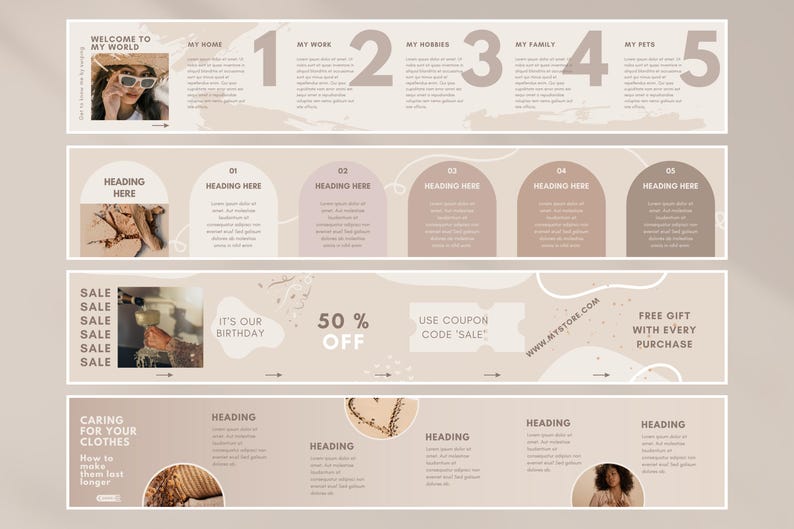 May include: A beige and brown digital marketing template with the text "Welcome to my world" and numbers 1 through 5. The template includes headings, text, and images. The template is designed for a business or brand to promote their products or services.