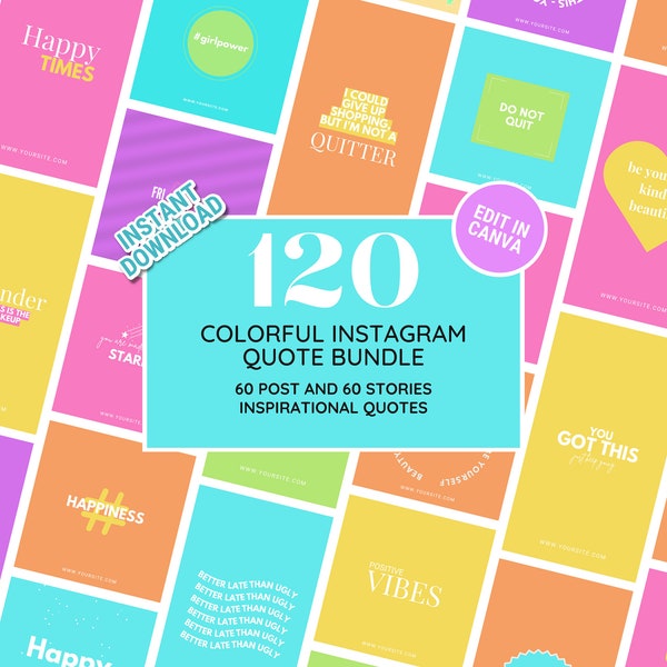 Colorful Instagram Quote Bundle: Add a Touch of Positivity and Inspiration to Your Posts & Stories with this Happy Vibrant Canva DIY Kit