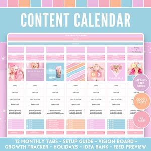 Planejador de Mídias Sociais - Planilhas Google, Calendário de Conteúdo - Rastreador de Crescimento em Tons Pastel, Pré-visualização do Feed, 12 abas mensais e semanais
