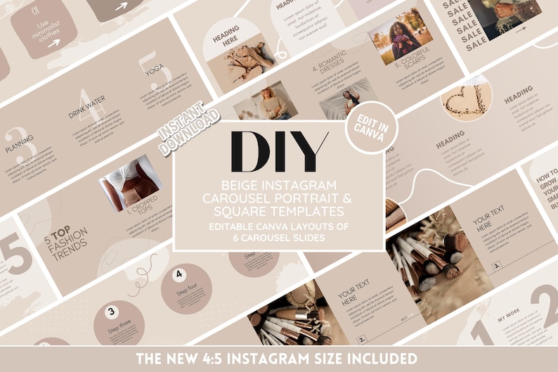 Beige Instagram carousel template with a clean, modern layout featuring soft neutral tones, minimalist typography, structured content sections, and elegant graphic accents designed for creating polished, cohesive carousel posts. Editable Canva template for small businesses and content creators.