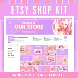 以下が含まれることがあります： ピンクとパープルのEtsyショップバナーテンプレートで、「WELCOME TO OUR STORE」というテキストとピンクとホワイトのドーナツのグラフィックがあります。バナーには、ピンクとパープルのリストテンプレートのグリッドが付属しており、さまざまなグラフィックとテキストが含まれています。「LOVE THIS LISTING」、「BUY MORE SAVE MORE」、「AVAILABLE IN COLORS」などがあります。