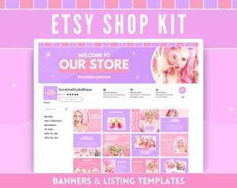 以下が含まれることがあります： ピンクとパープルのEtsyショップバナーテンプレートで、「WELCOME TO OUR STORE」というテキストとピンクとホワイトのドーナツのグラフィックがあります。バナーには、ピンクとパープルのリストテンプレートのグリッドが付属しており、さまざまなグラフィックとテキストが含まれています。「LOVE THIS LISTING」、「BUY MORE SAVE MORE」、「AVAILABLE IN COLORS」などがあります。