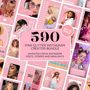 Instagram Template Bundle: Pink Glitter Social Media Branding Kit - Posts, Stories, Carousels, Quotes, Highlight Covers - Edit in Canva