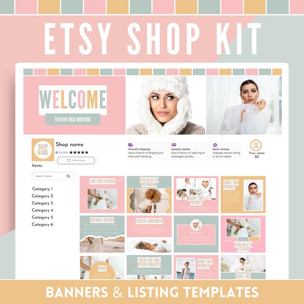 Pastel Etsy Shop Kit - Elegant and beautiful Store Branding - Olive Rose Cover Banners, Listing Templates and Icons - Edit in Canva