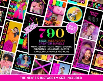Pacote de modelos Neon Instagram: Kit de branding vibrante para mídias sociais - Postagens, histórias, carrosséis, citações, capas de destaque - Editar no Canva