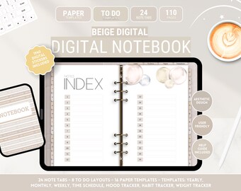 May include: Beige digital notebook with 110 pages, 24 note tabs, and 16 paper templates. The notebook includes a notes index, to do lists, and a time schedule. The notebook is designed with a user-friendly interface and an aesthetic design. The notebook is displayed on a tablet with a stylus pen.