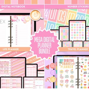 Pastel Digital Planner Bundle - Life Planner, Travel Planner, Notebook and Digital Number Stickers