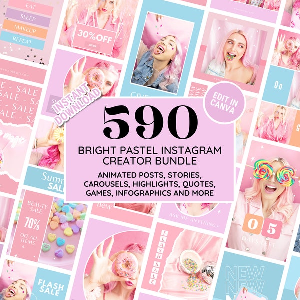 Lot de modèles Instagram : kit de branding pour réseaux sociaux pastel lumineux - publications, histoires, carrousels, citations, couvertures surlignées - à modifier sur Canva