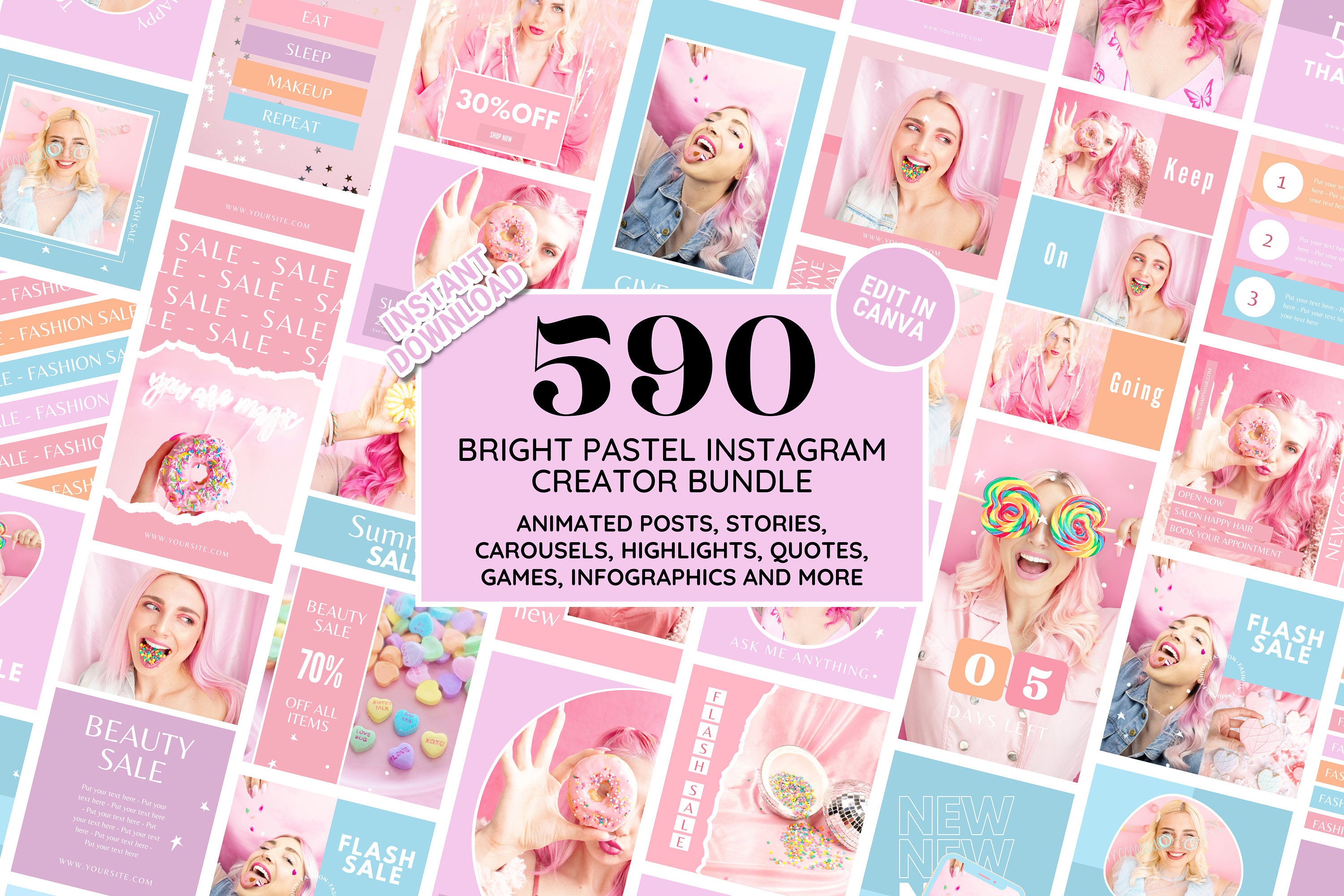 Instagram Template Bundle: Bright Pastel Social Media Branding Kit - Posts, Stories, Carousels, Quotes, Highlight Covers - Edit in Canva
