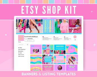 以下が含まれることがあります： ピンク、ブルー、イエローのカラーテーマのEtsyショップのスクリーンショットです。ショップ名は「SunshineStudioBtique」です。「新着商品」、「セールセール」、「もっと買って、もっと節約」など、さまざまなバナーとリストテンプレートが販売されています。
