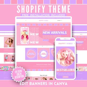 May include: A Shopify theme design displayed on a tablet and two phones, showcasing a pink and purple color scheme. The screens display a website layout with the text "NEW ARRIVALS" and "BESTSELLERS". The phrase "FREE INSTALLATION INCLUDED" is also visible.