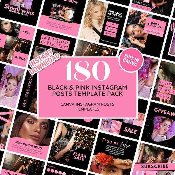 Instagram Post Template Bundle: Bold Black & Pink Social Media Feed Perfect for Boutique, Clothing, Beauty, Makeup, Salon - Edit in Canva