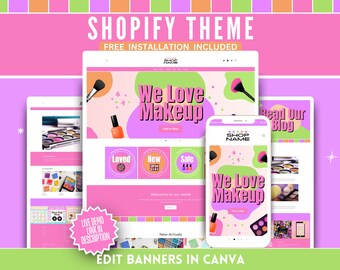 Puede incluir: Un diseño de tema Shopify en rosa y morado, que muestra el texto "We Love Makeup" en una tableta, un portátil y un smartphone. El diseño incorpora brochas de maquillaje, esmalte de uñas y un logotipo de "Shop Name". También es visible el texto "Free Installation Included".