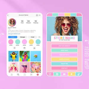 K&ouml;nnte beinhalten: Eine rosa und blaue Instagram-Profilvorlage mit einem Frauenbild in der oberen linken Ecke. Die Vorlage enth&auml;lt ein Profilbild, einen Bio-Bereich und ein Raster mit neun Bildern. Die Vorlage enth&auml;lt auch einen Call-to-Action-Button mit der Aufschrift "Besuchen Sie meine Website".