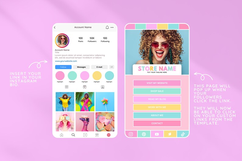 K&ouml;nnte beinhalten: Eine rosa und blaue Instagram-Profilvorlage mit einem Frauenbild in der oberen linken Ecke. Die Vorlage enth&auml;lt ein Profilbild, einen Bio-Bereich und ein Raster mit neun Bildern. Die Vorlage enth&auml;lt auch einen Call-to-Action-Button mit der Aufschrift "Besuchen Sie meine Website".