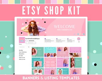 Kit de la boutique Etsy - Marque de magasin de mode colorée et amusante - Bannières de couverture, modèles de fiches produits et icônes - Édition Canva - Thème boutique