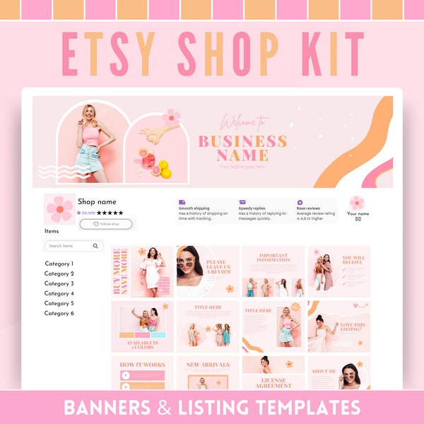 Etsy Shop Kit - Süßes Pfirsich Candy Store Branding - Pastellfarbene Cover Banner, Vorlagen und Symbole - In Canva bearbeiten - Digitaler Download
