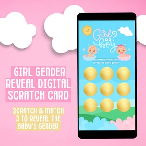 Carte numérique à gratter indiquant le sexe des filles : annonce pour le téléchargement immédiat - Match 3 pour gagner !