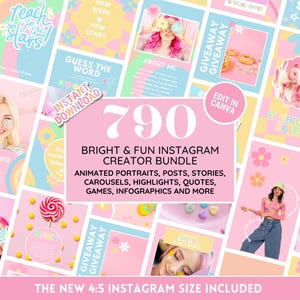 Instagramテンプレートセット：明るく楽しいソーシャルメディアブランディングキット - ポートレート、投稿、ストーリー、カルーセル、ハイライトカバー - Canvaで編集