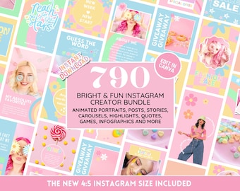 Instagram Template Bundle: Bright & Fun Social Media Branding Kit - Portraits, Posts, Stories, Carousels,  Highlight Covers - Edit in Canva