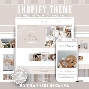Cute Shopify Theme - Light Beige Canva Banners & Logo Templates - Easy Website Setup - Perfect for Fashion, Beauty, Clothing, Jewelry